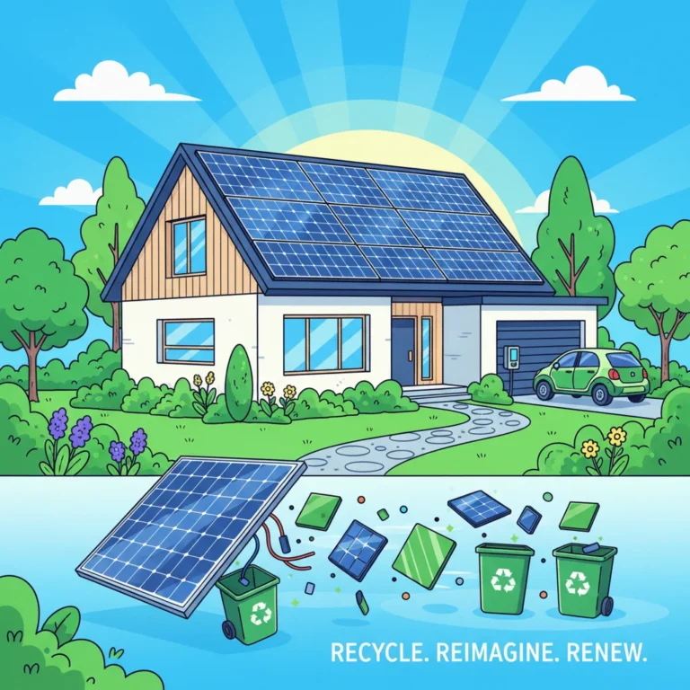 Modern home with solar panels and recycling symbols, representing residential solar panel recycling in 2026.