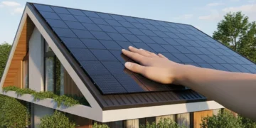 Residential rooftop with solar panels under clear sky, symbolizing solar energy protection.
