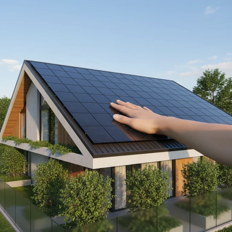 Residential rooftop with solar panels under clear sky, symbolizing solar energy protection.