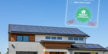 Modern suburban home with solar panels and digital permitting overlay