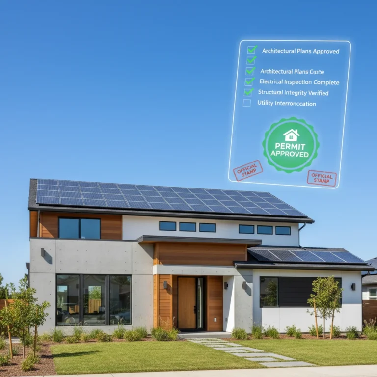 Modern suburban home with solar panels and digital permitting overlay