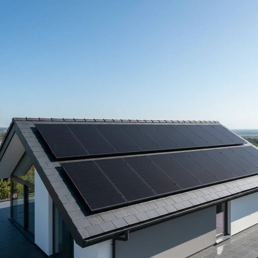 Rooftop solar panels installed on a modern home's roof, blending with the architecture.