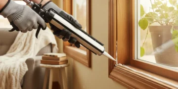 Person sealing window with caulk gun for energy efficiency