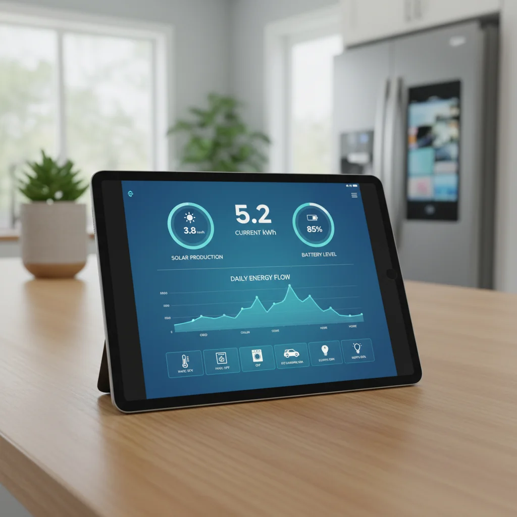 Smart home energy management system dashboard on a tablet.