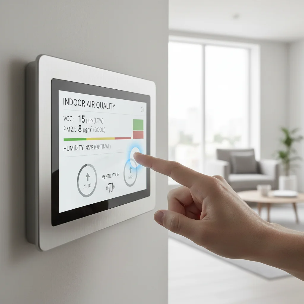 Smart home air quality monitor displaying real-time data and control options.