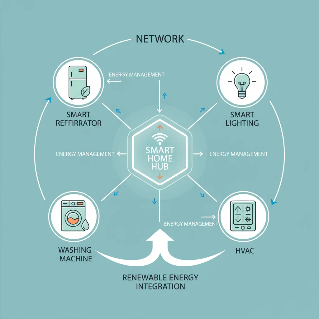 Smart home ecosystem diagram showing interconnected appliances and central hub.