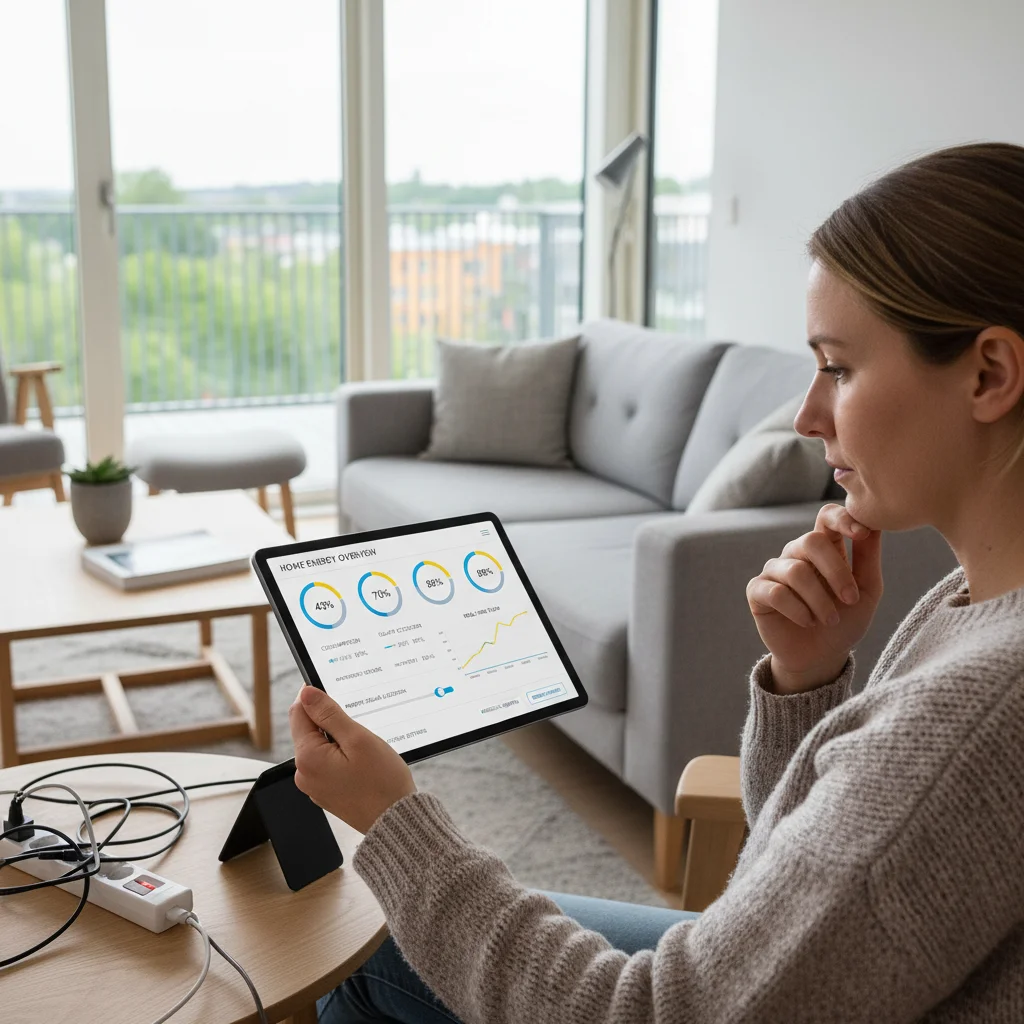 Smart home energy management dashboard on a tablet showing real-time solar data and controls.