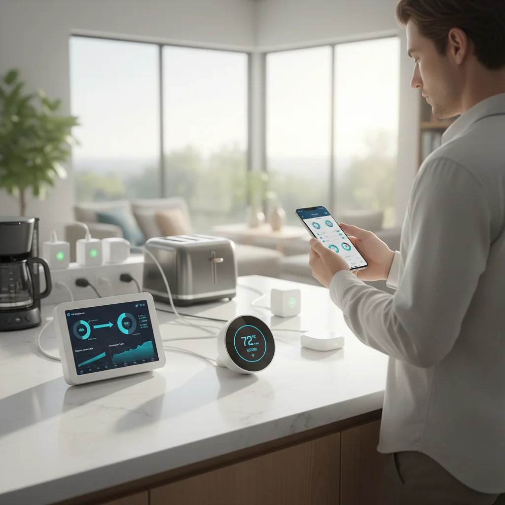 Smart home devices and a smartphone app demonstrating integrated energy management and control.