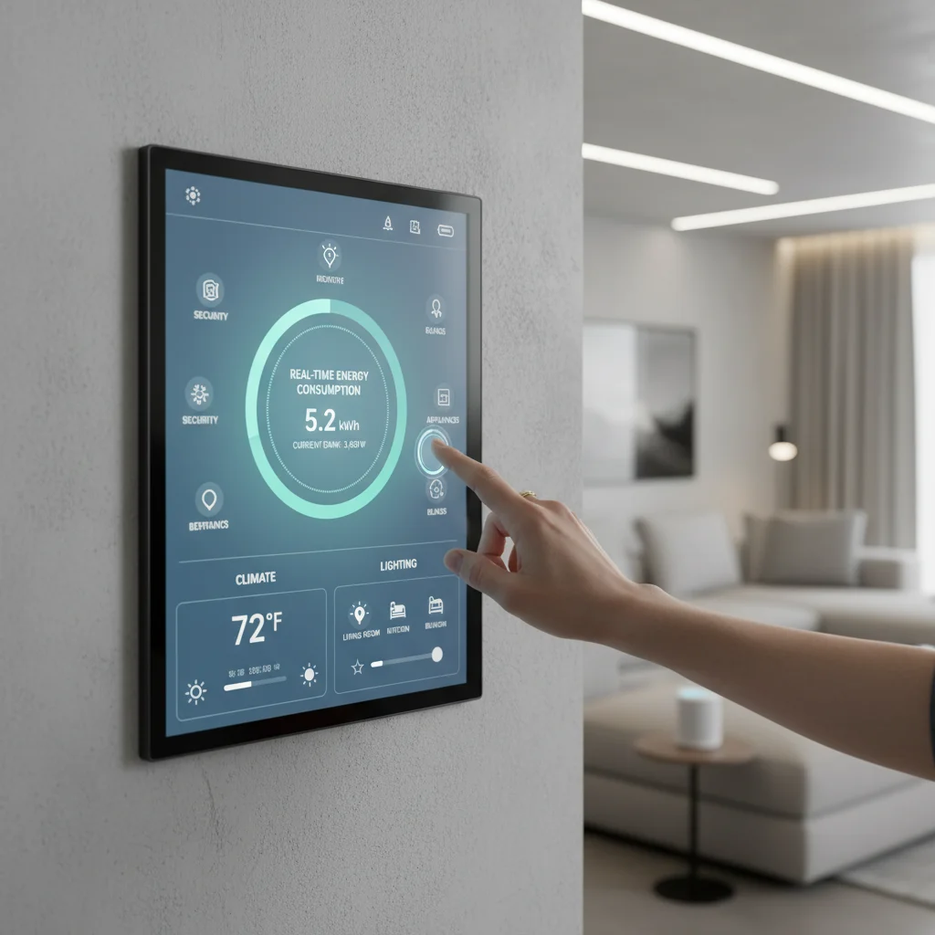 Smart home energy management system displaying real-time consumption data.