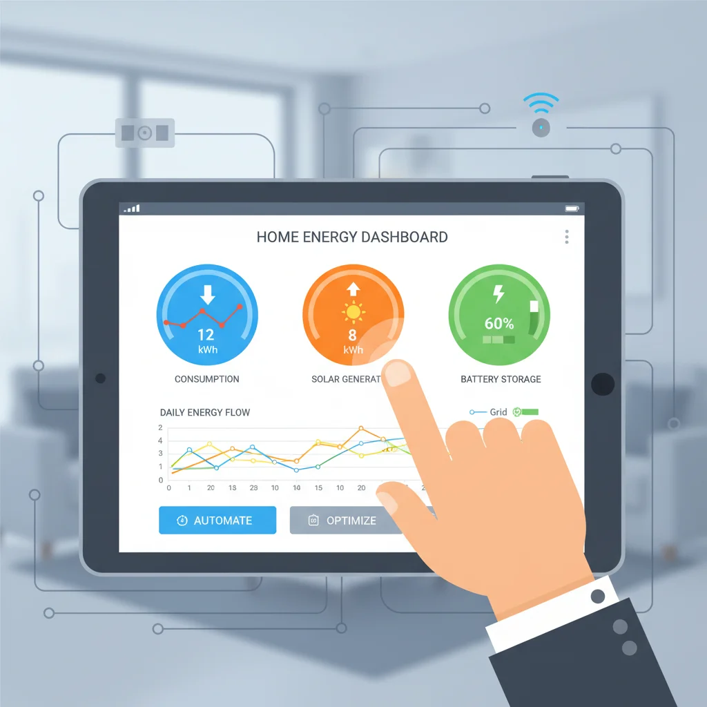 Smart home energy management system interface on tablet displaying solar and battery data.
