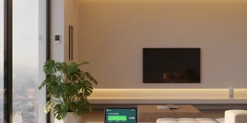 Modern living room with smart home devices and energy monitoring tablet