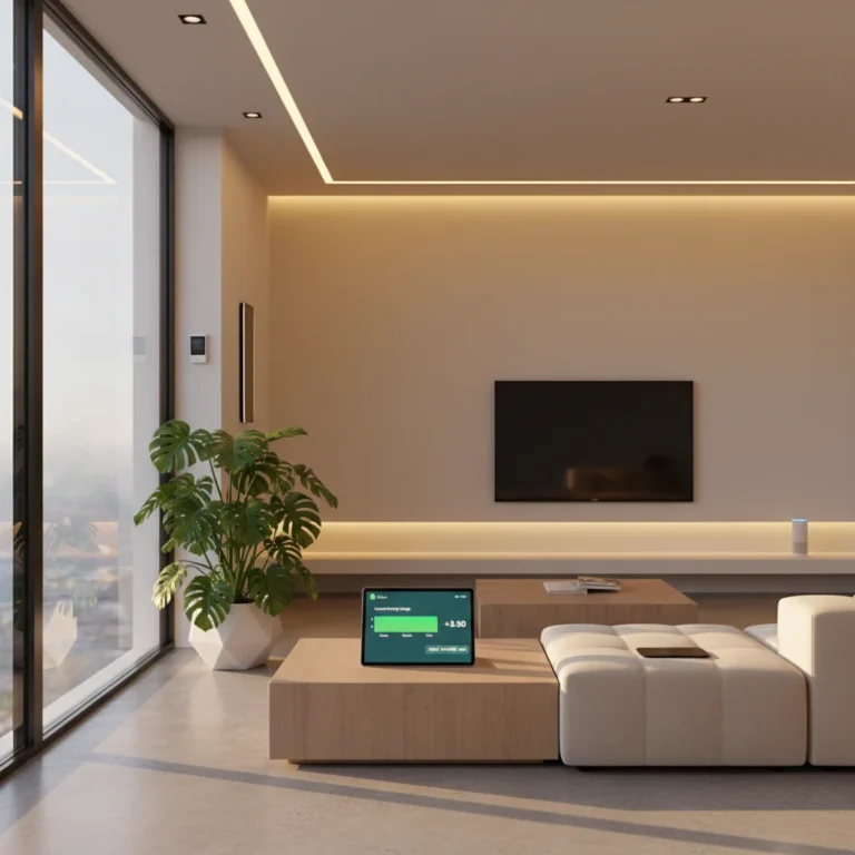 Modern living room with smart home devices and energy monitoring tablet