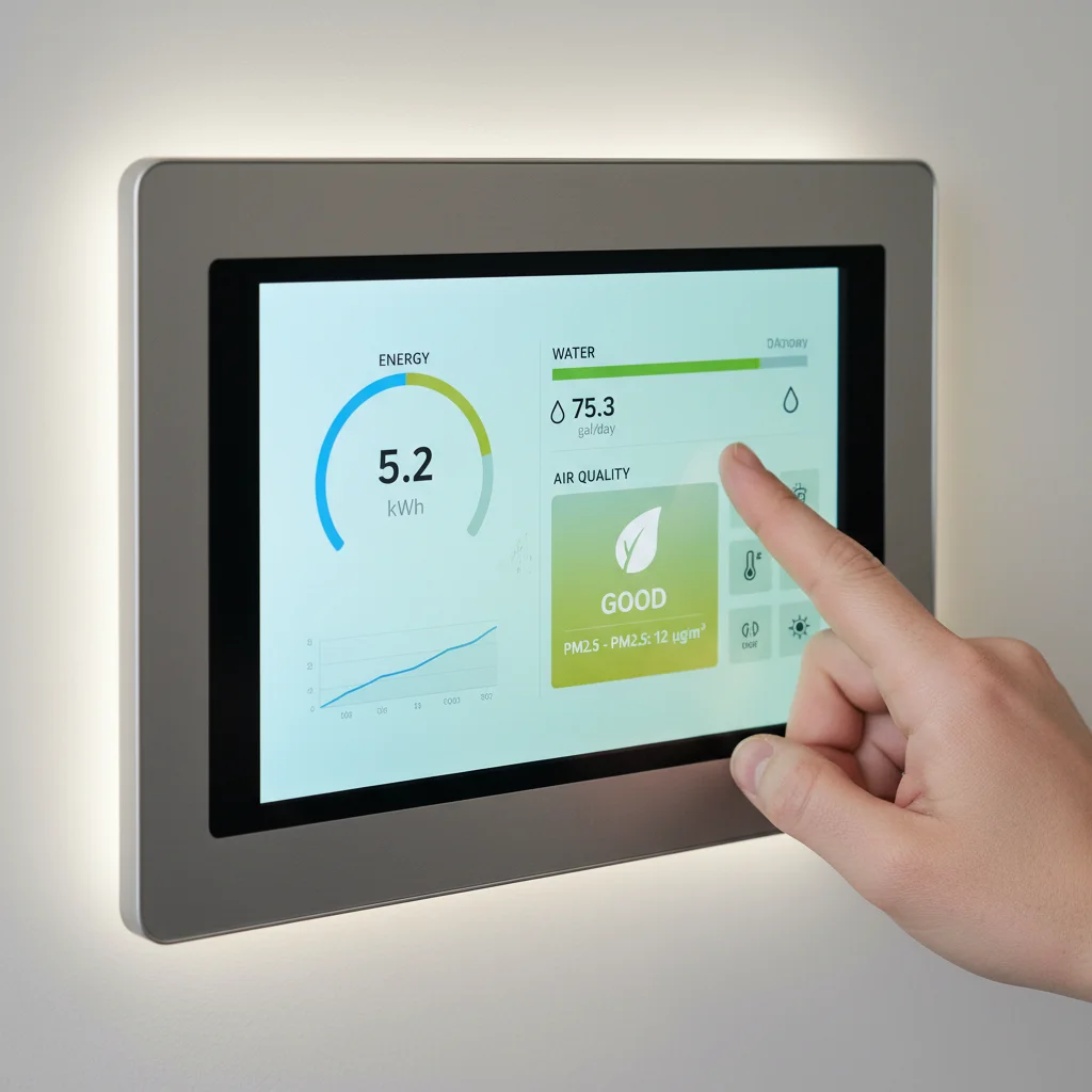 Smart home control panel displaying environmental data.