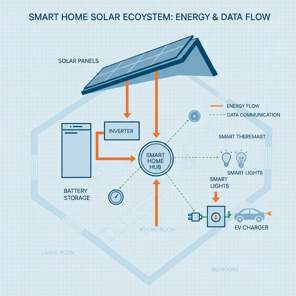 Diagram illustrating smart home solar energy flow and connectivity