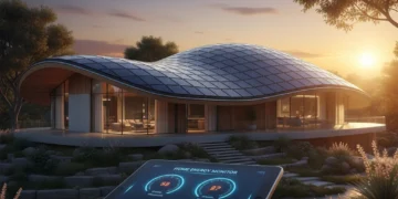 Smart home with solar panels and a digital energy monitoring dashboard, representing advanced residential solar monitoring in 2026.