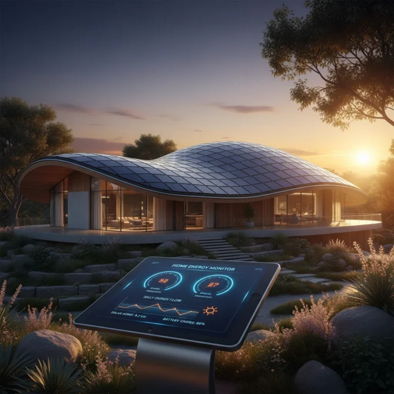 Smart home with solar panels and a digital energy monitoring dashboard, representing advanced residential solar monitoring in 2026.