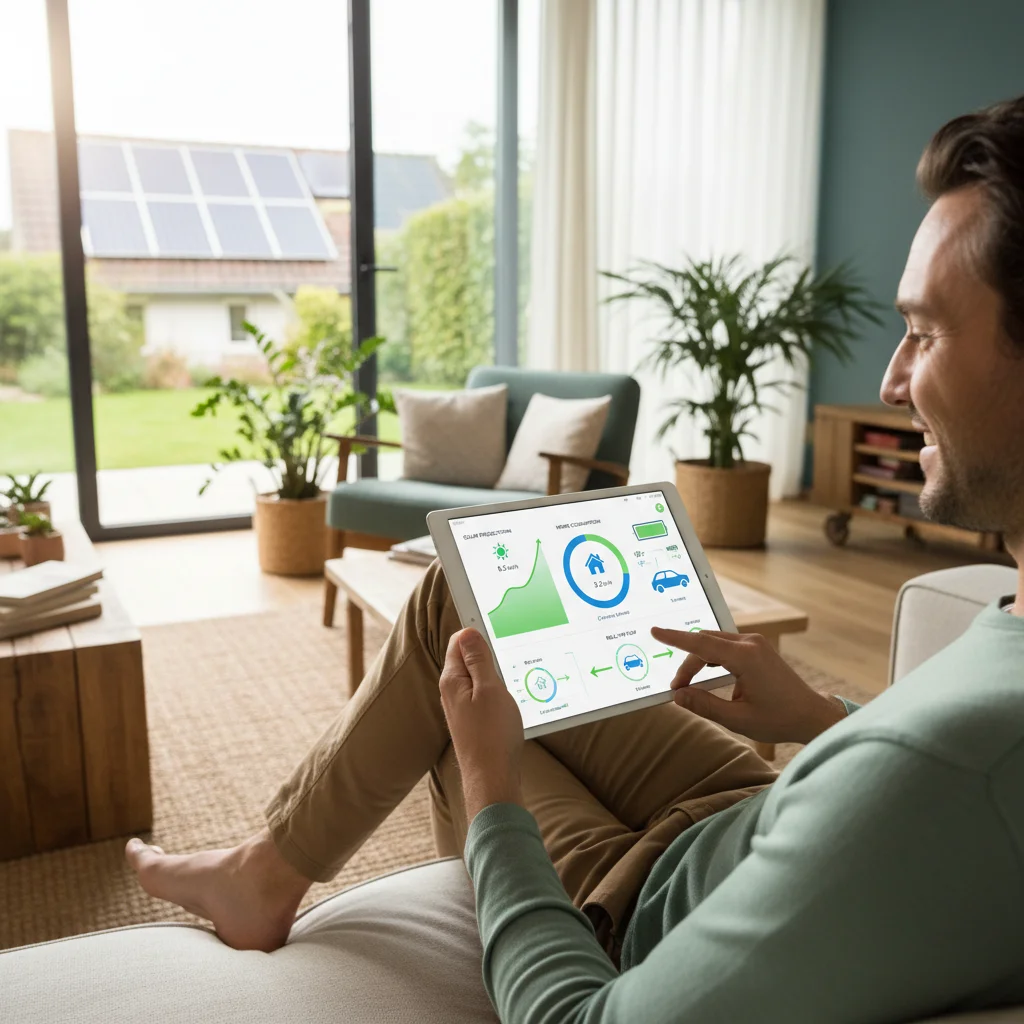 Homeowner monitoring solar energy production via a smart home system on a tablet.