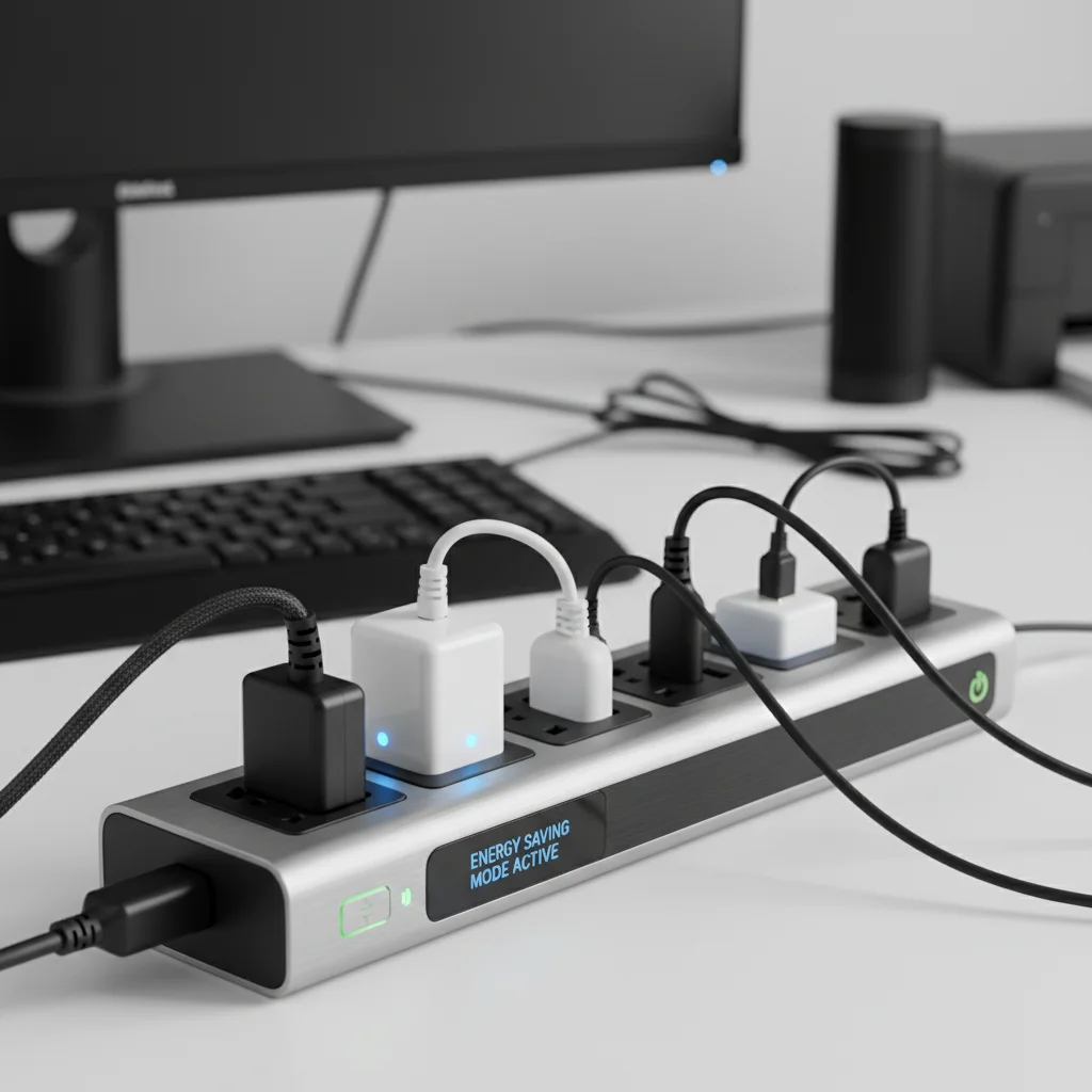 Smart power strip with various devices plugged in, demonstrating energy-saving capabilities.