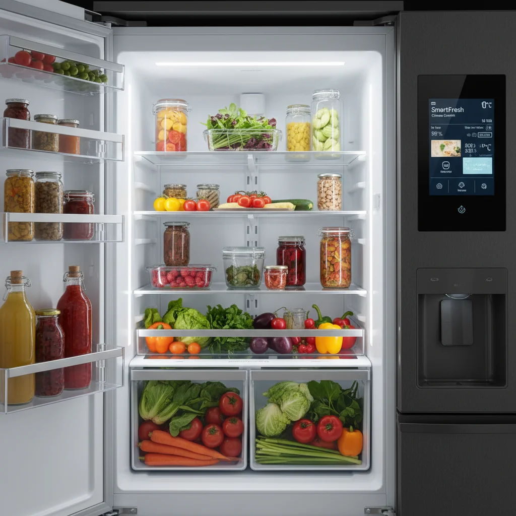 Interior of a smart, energy-efficient refrigerator with fresh produce and LED lighting.