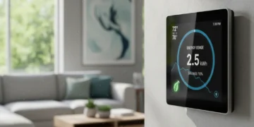 Modern smart thermostat displaying energy data in a comfortable living room