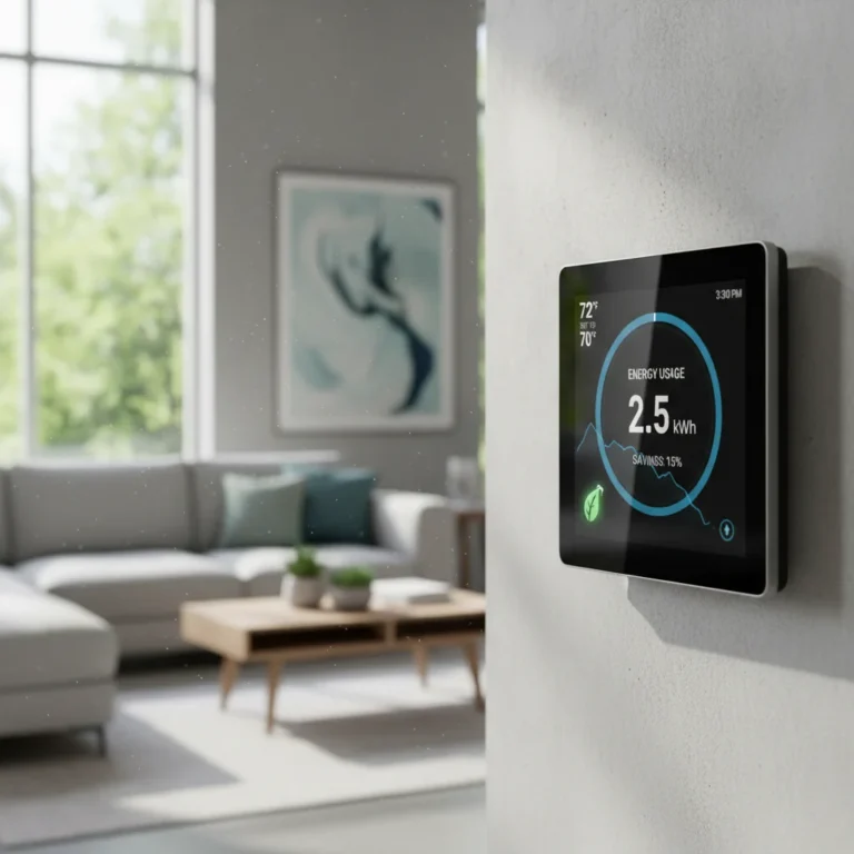 Modern smart thermostat displaying energy data in a comfortable living room