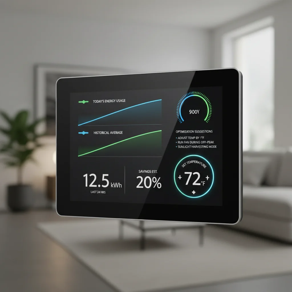 Smart thermostat interface showing real-time energy usage and optimization tips.