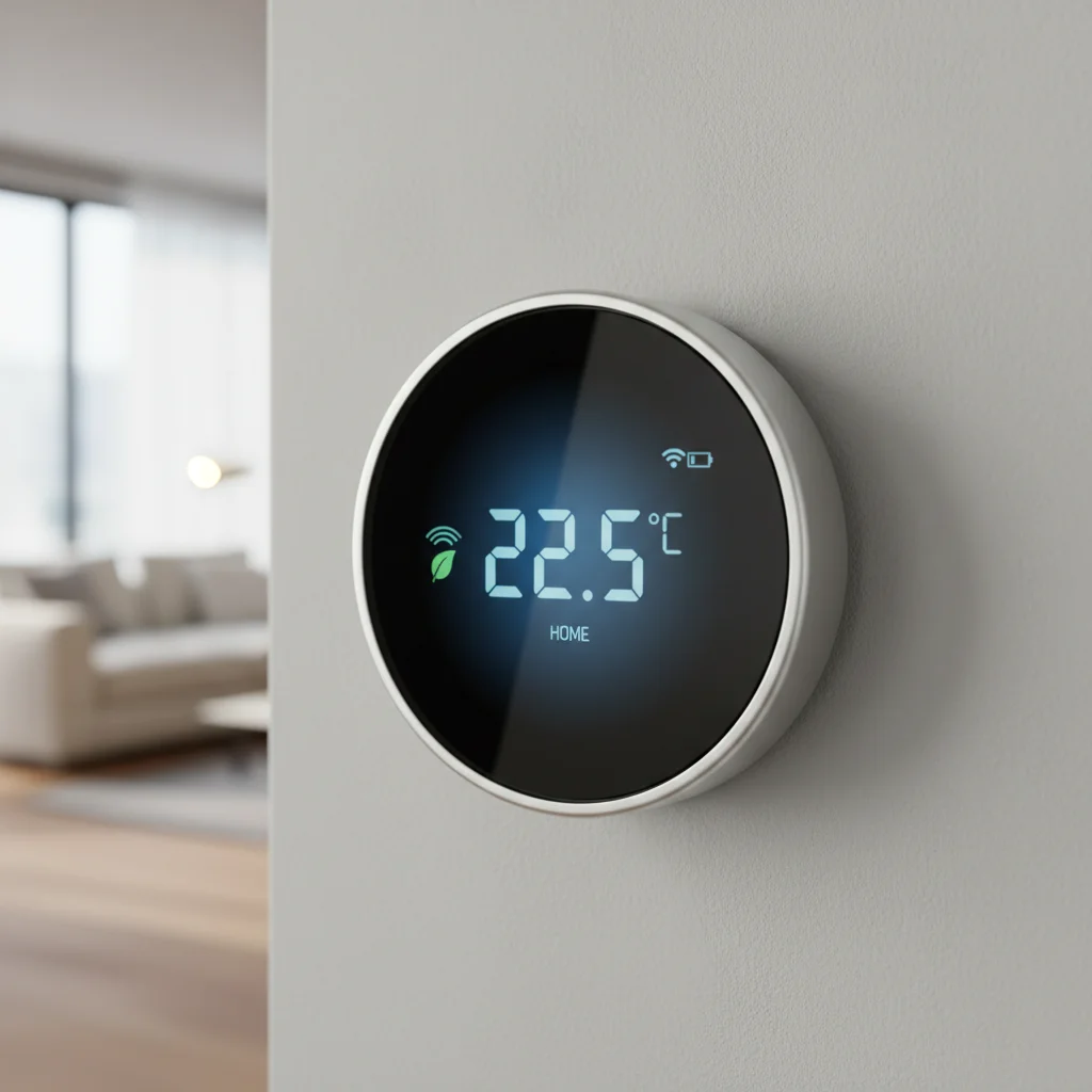 Close-up of a smart thermostat displaying energy savings
