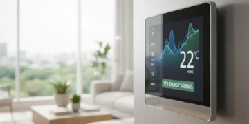 Modern smart thermostat displaying energy savings data in a home setting.