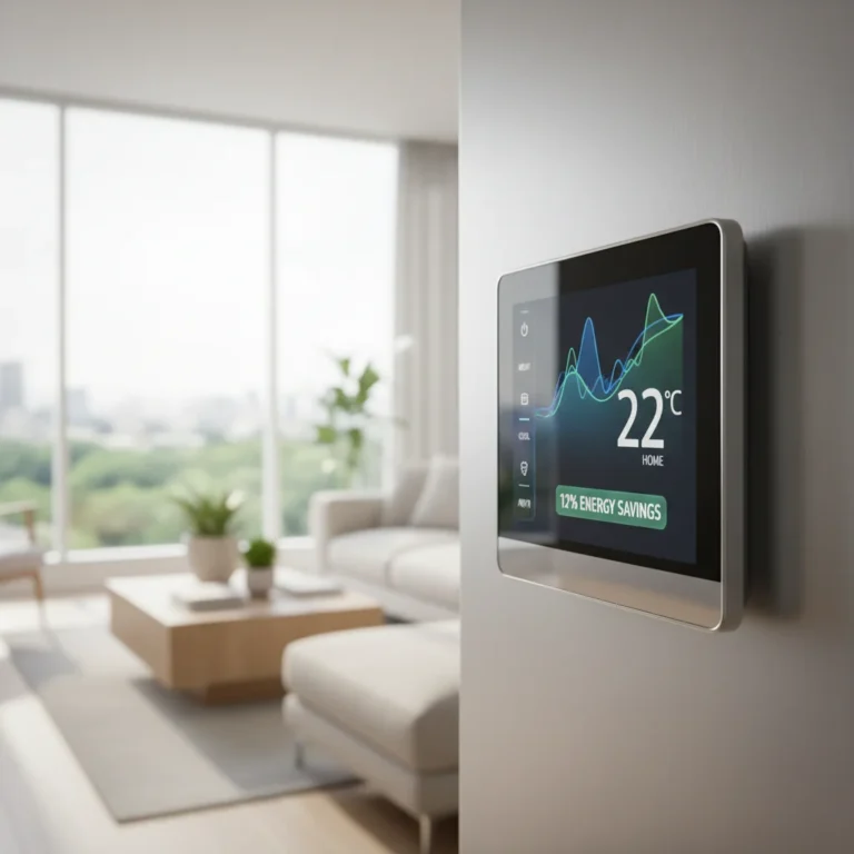 Modern smart thermostat displaying energy savings data in a home setting.