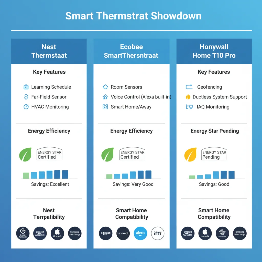 Infographic comparing features of three leading smart thermostat models.