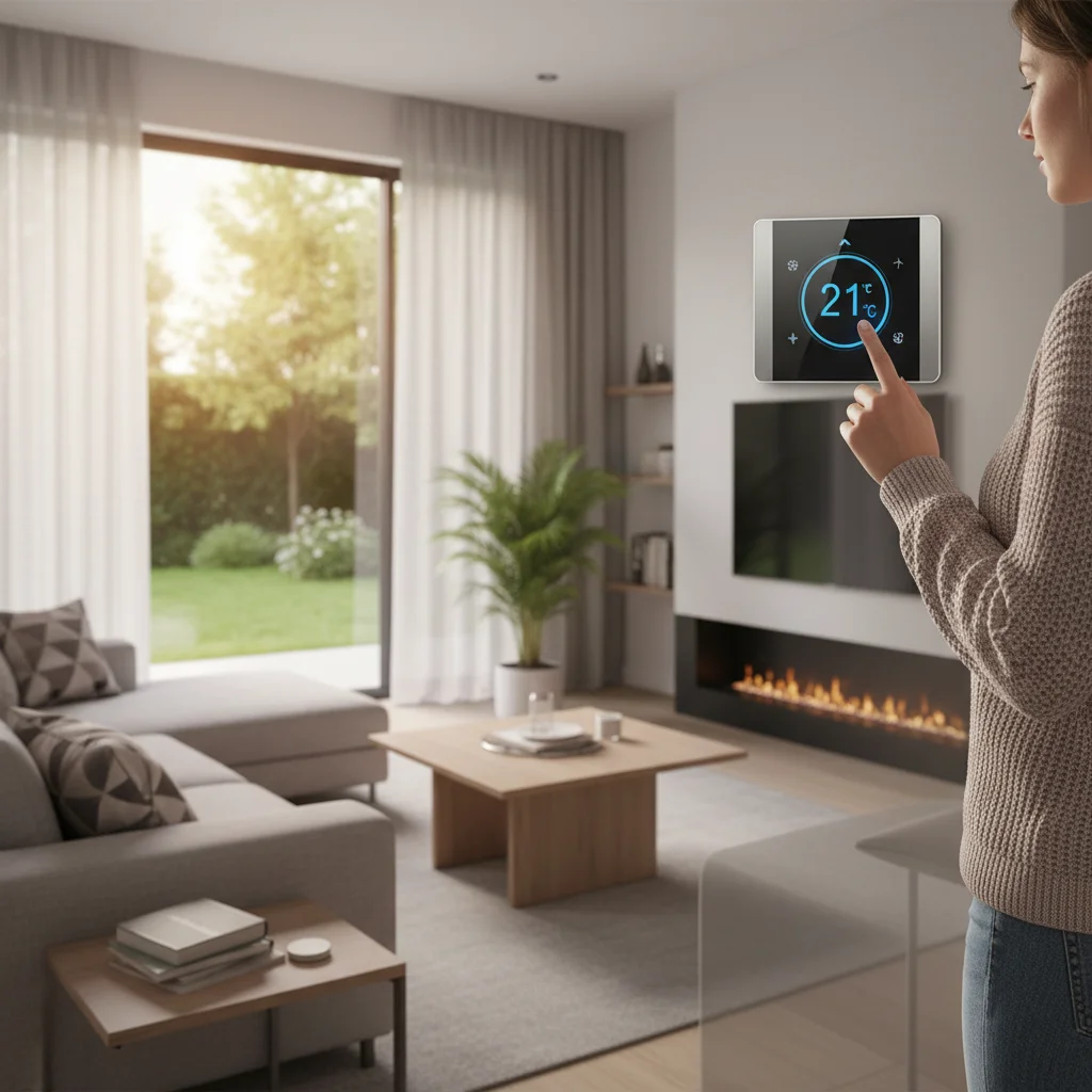 Smart thermostat display showing temperature settings in a modern home