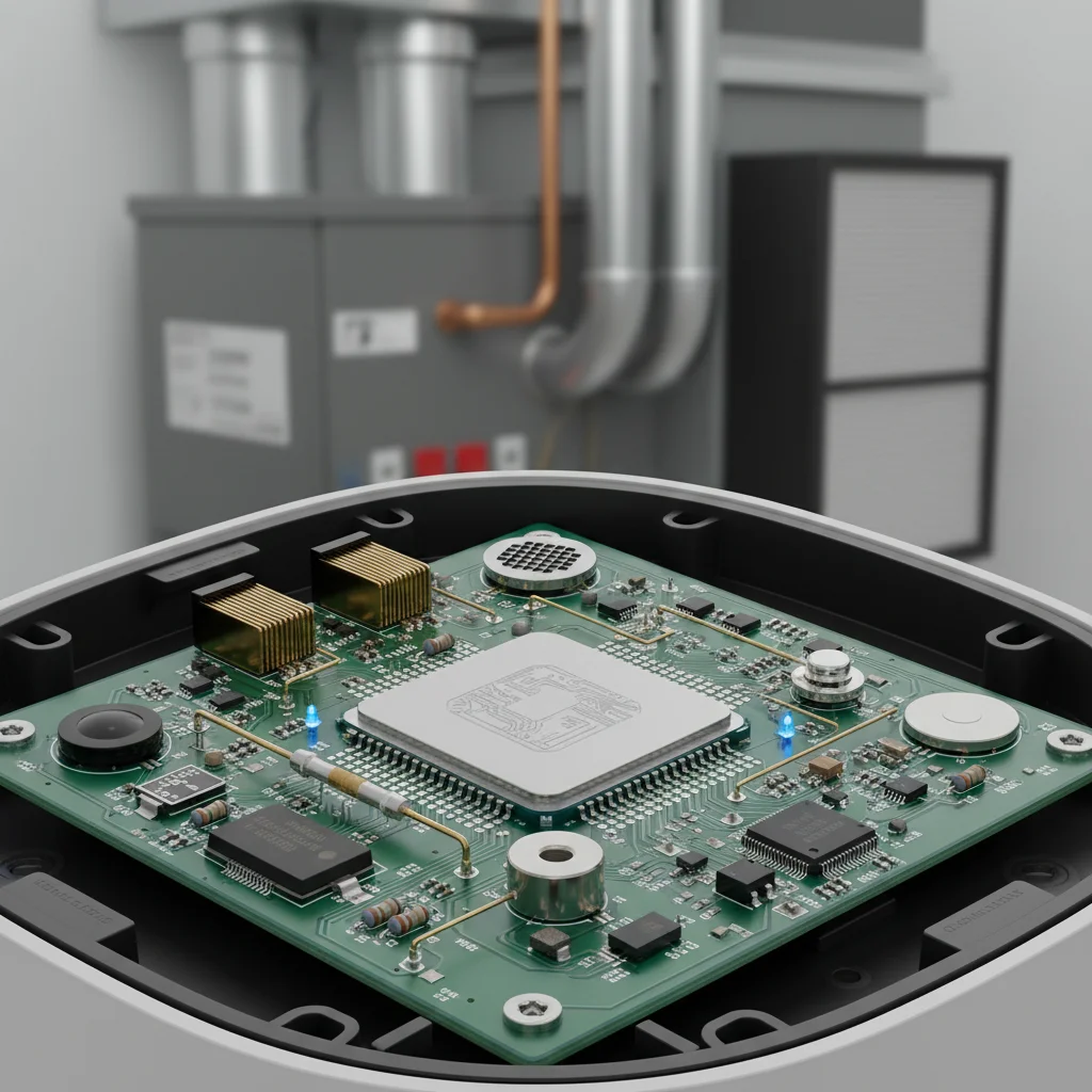 Close-up of smart thermostat internal technology and sensors