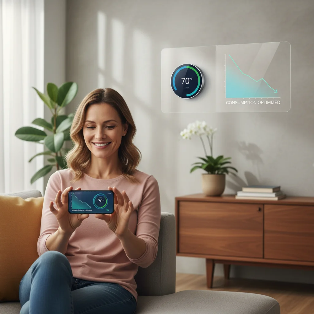 Person controlling smart thermostat via smartphone app, showing energy savings