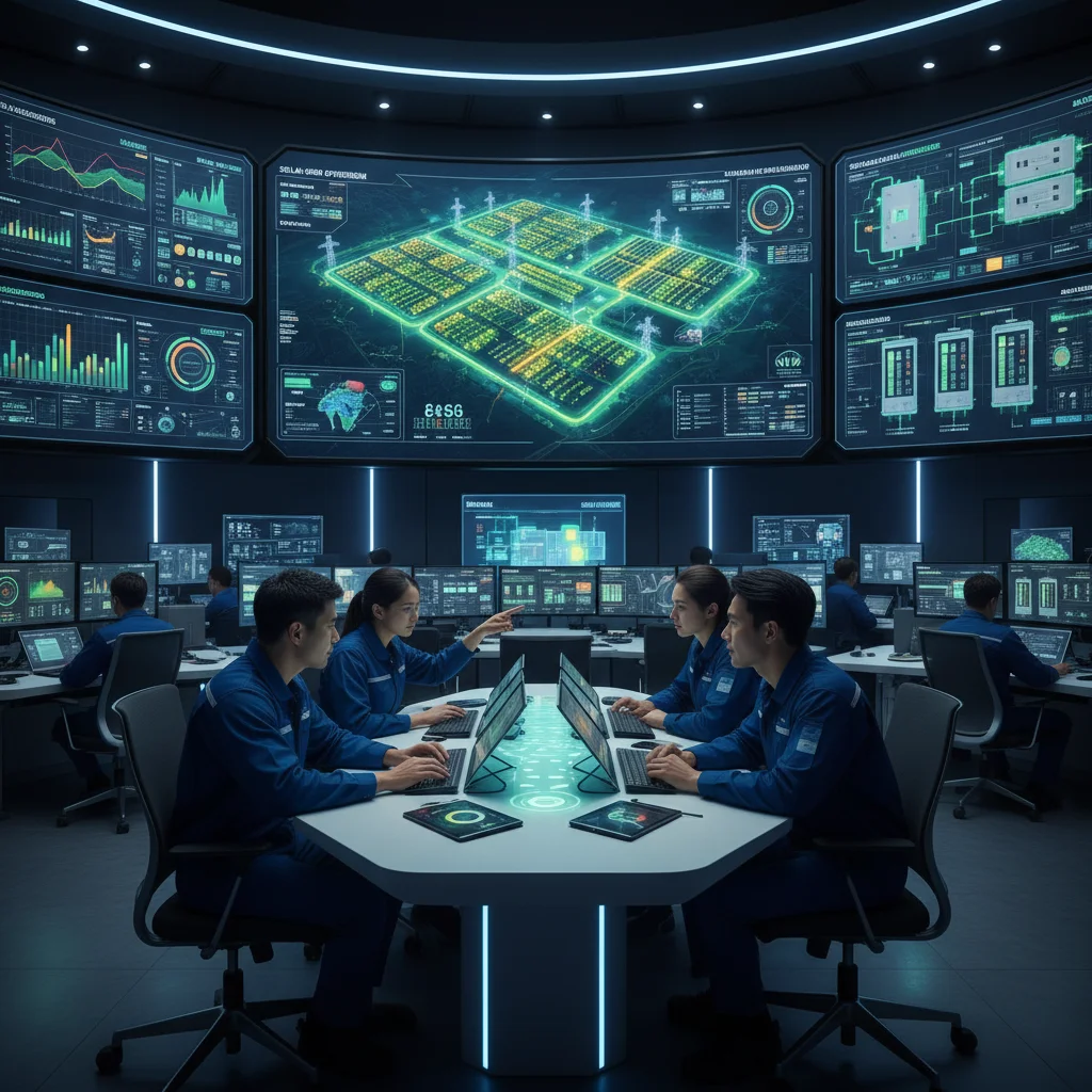 Engineers monitoring commercial solar plant data in a control room.