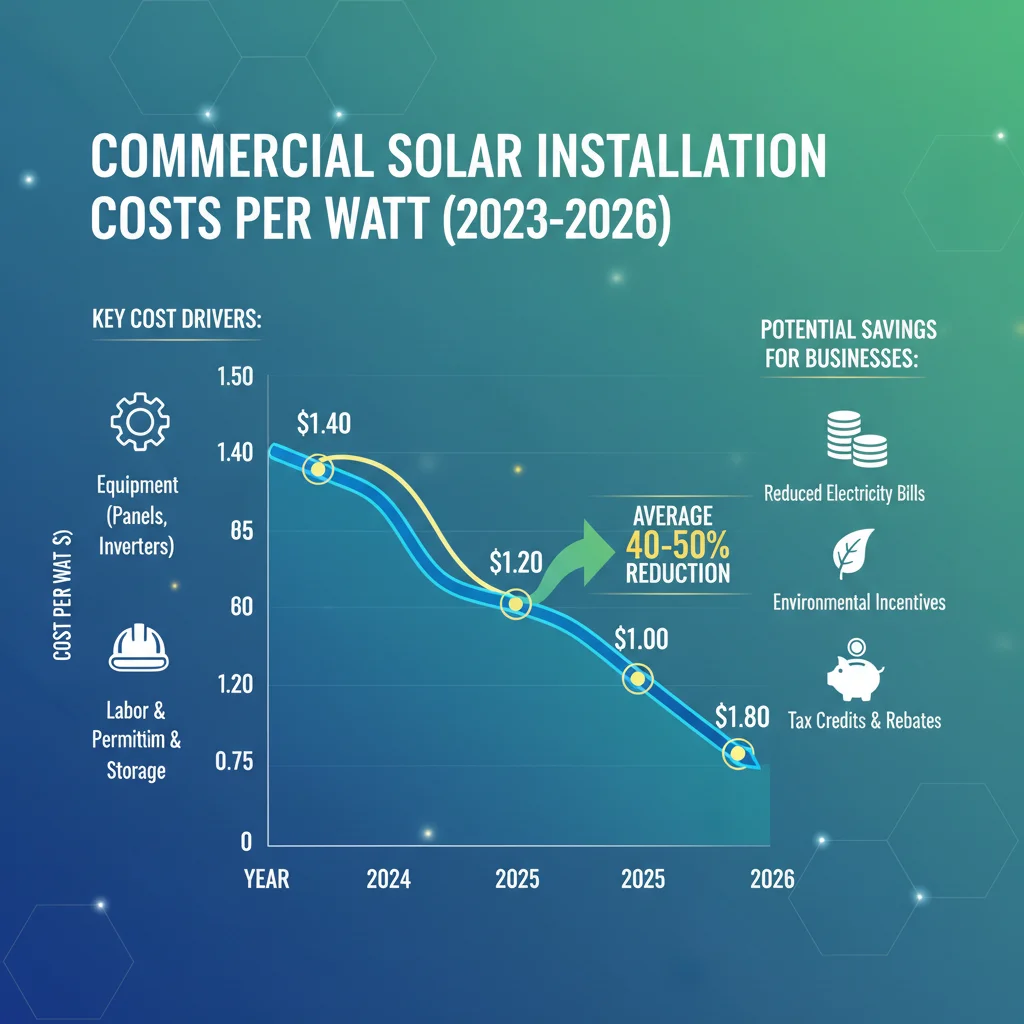 Infographic showing decreasing commercial solar costs per watt over time