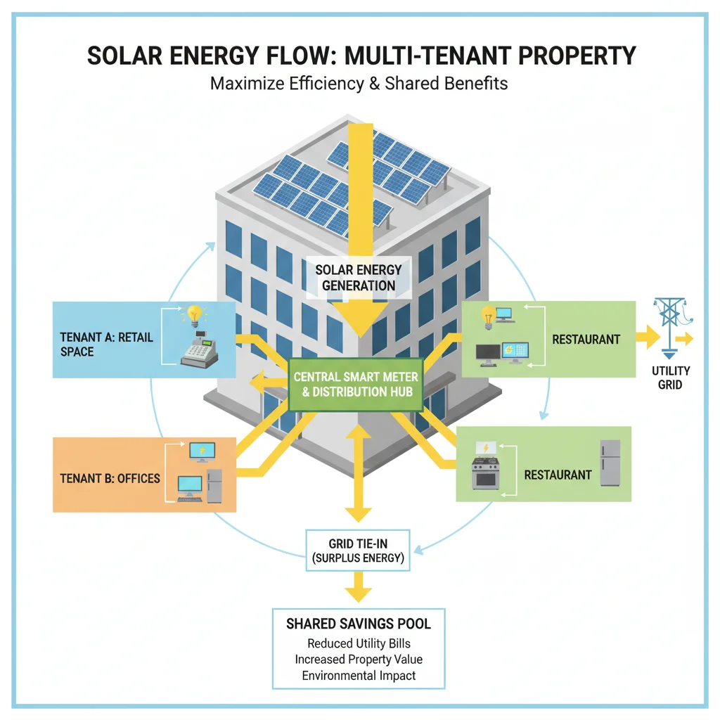 Infographic showing solar energy distribution and shared benefits in a multi-tenant property.