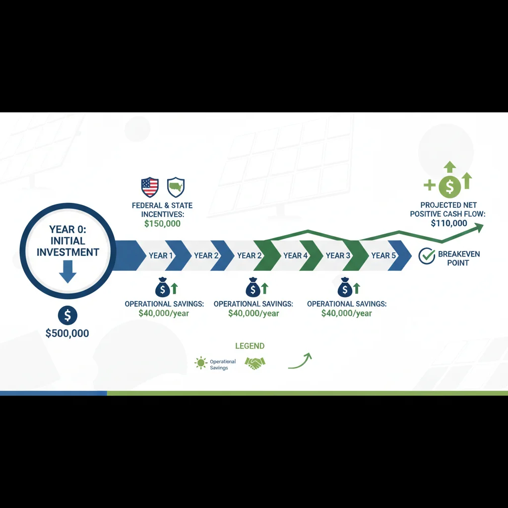 Infographic detailing 5-year financial projection for commercial solar, including incentives and savings.