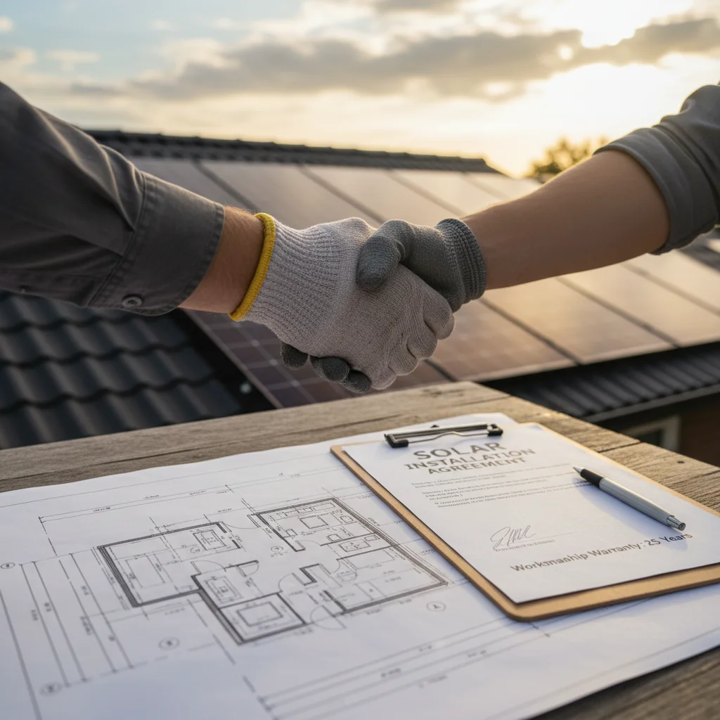 Solar installer and homeowner shaking hands over a solar blueprint, representing a signed agreement and workmanship warranty.