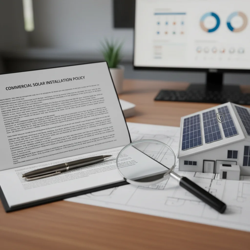 Insurance policy document and solar panel model, representing comprehensive commercial solar insurance planning.