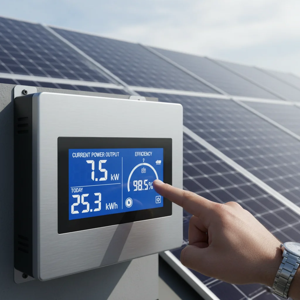 Close-up of solar inverter screen showing energy production data and efficiency metrics.
