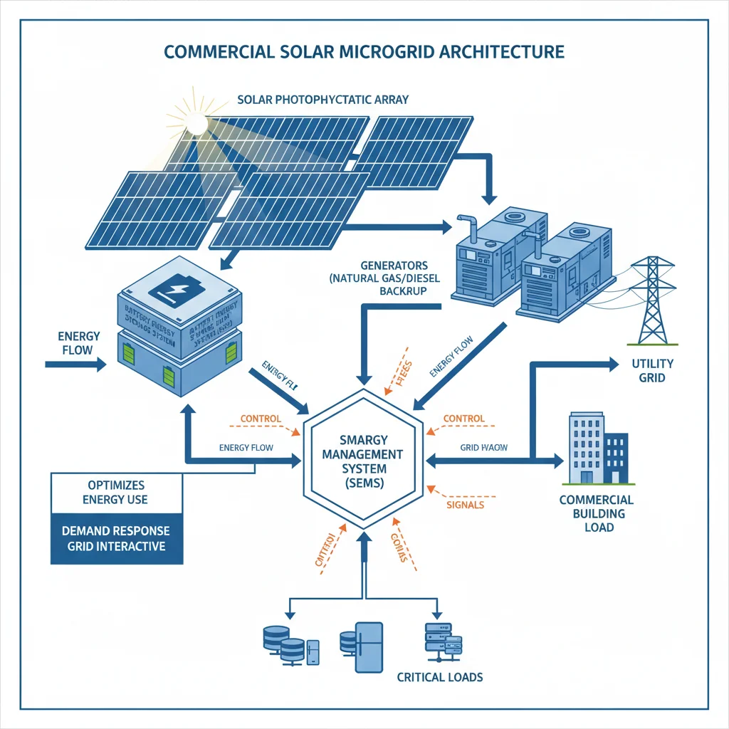 Diagram of commercial solar microgrid components and energy flow