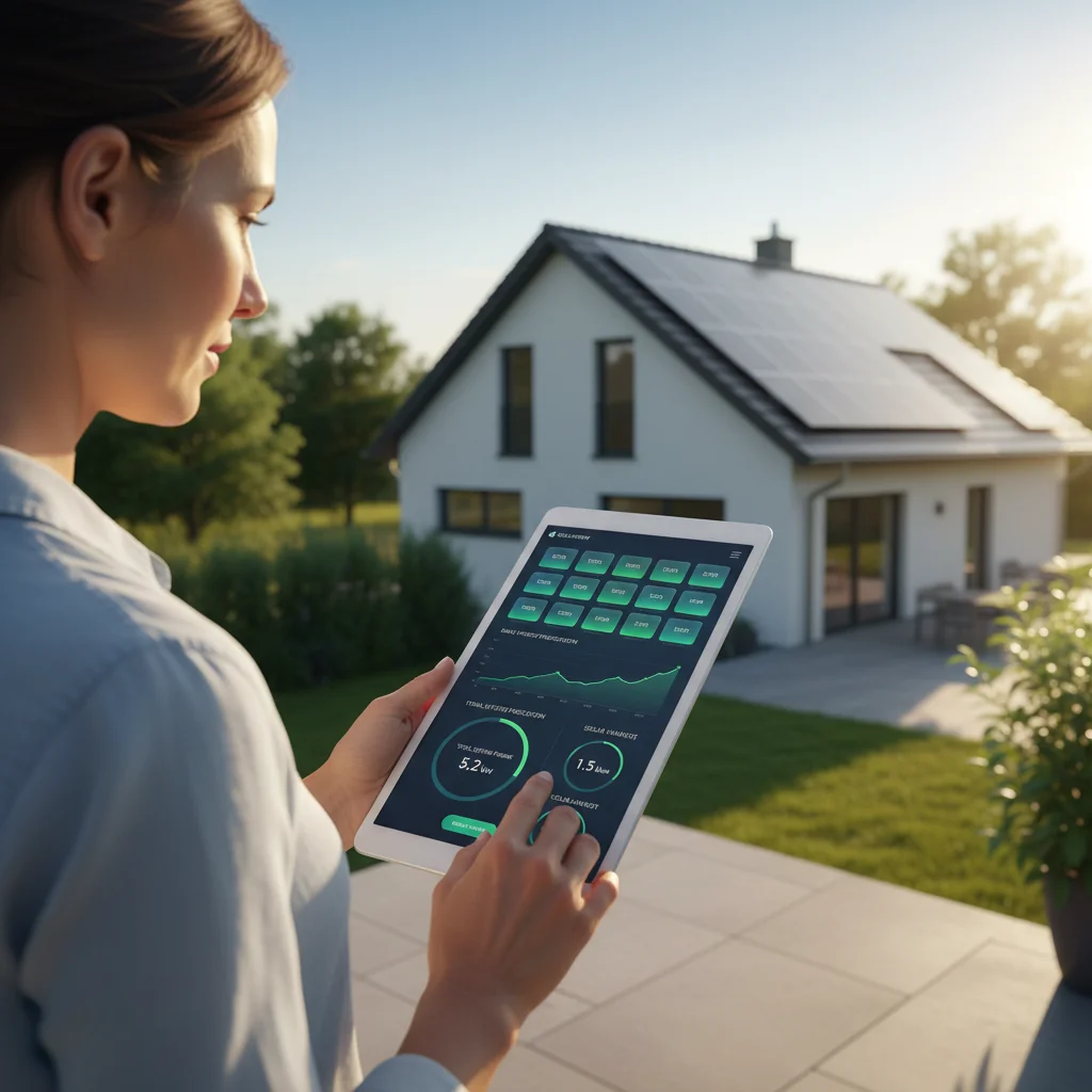 Homeowner monitoring solar panel performance via a mobile app.