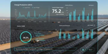 Digital dashboard showing real-time solar farm performance data and analytics.