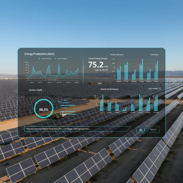 Digital dashboard showing real-time solar farm performance data and analytics.