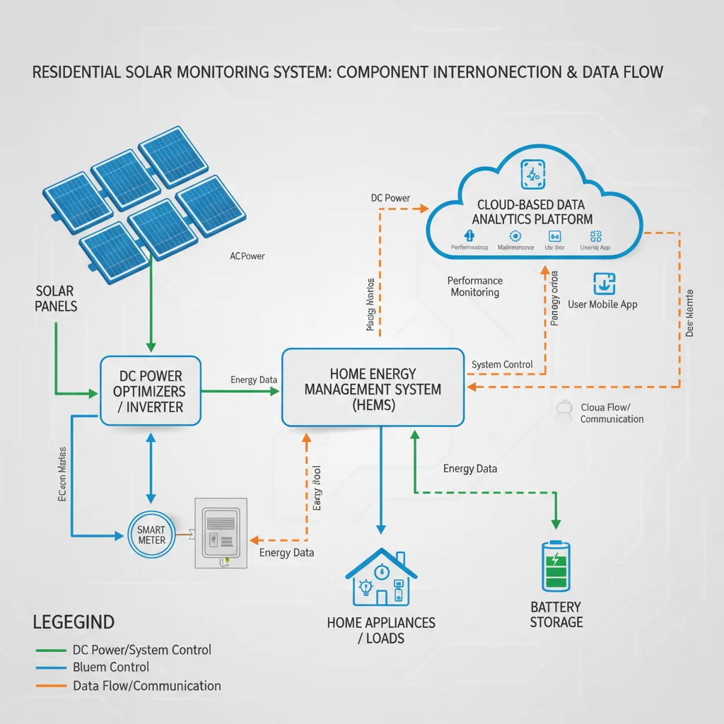 Diagram of interconnected components in a residential solar monitoring system, showing data flow and integration.