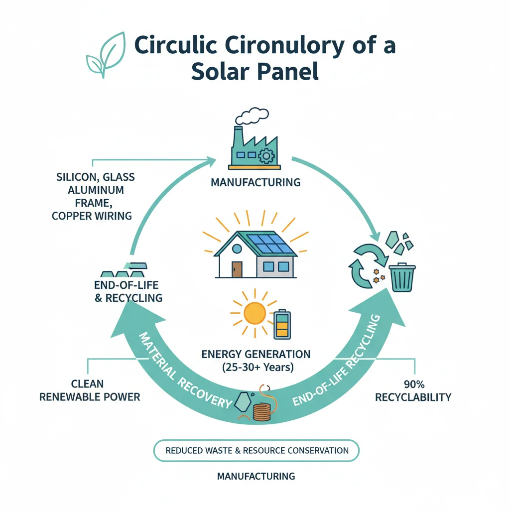 Infographic showing the circular economy of solar panels, from production to recycling and reuse.