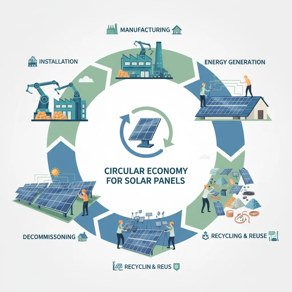 Circular economy diagram for photovoltaic panels demonstrating material lifecycle