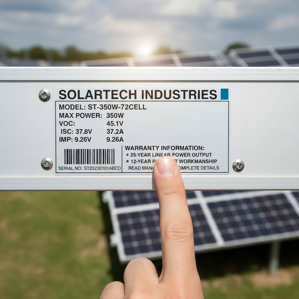 Close-up of a solar panel data label highlighting warranty terms and technical specifications.
