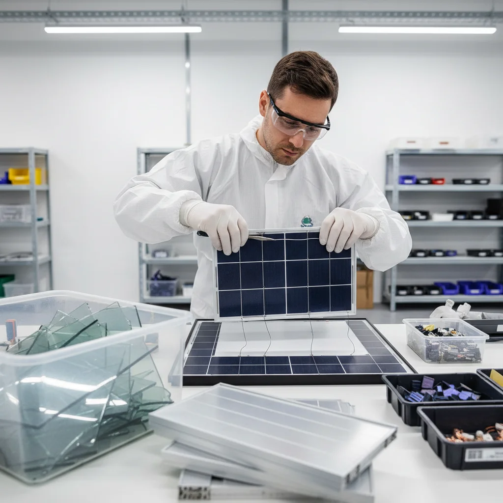 Technician disassembling solar panel at recycling facility, showcasing material recovery.