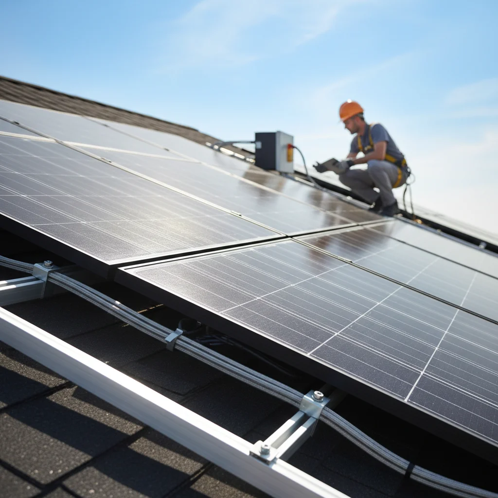 Close-up of solar panel array on rooftop with intricate wiring and mounting hardware, technician inspecting.
